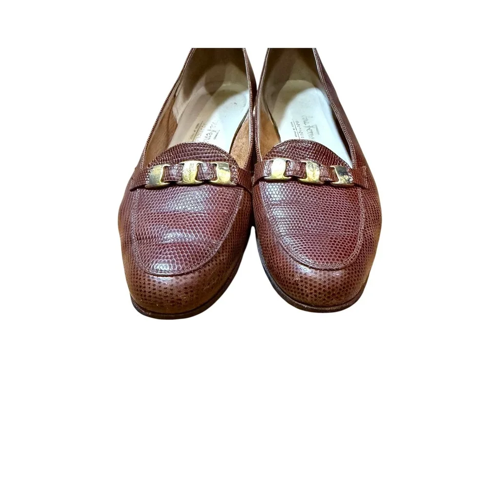 Salvatore Ferragamo Mens Lizard Embossed Leather Gancini Loafers Brown 9.5 2A/B